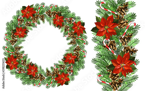 Vector seamless wreath and border with poinsettias, cones, fir branches, candy cane isolated on white. For festive decoration, announcements, cards, invitations, posters.