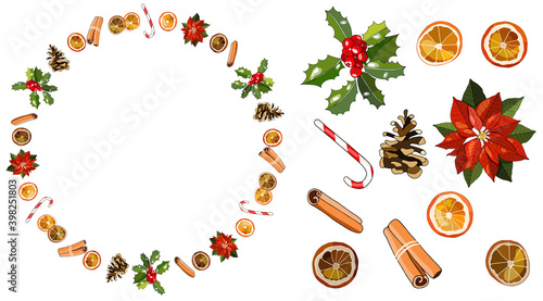Vector round frame with poinsettia, cinnamon stick, dried orange, cone, sugar cane, holly.