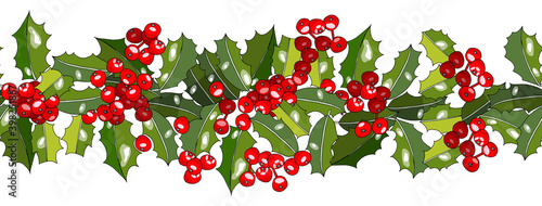 Endless horisontal pattern brush with holly isolated on white. Traditional Christmas border.