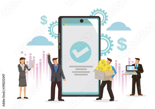 Business people with a giant smartphone with a approved tick.