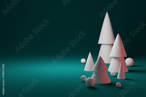 White Christmas trees Tidewater Green minimalistic background with balls 3d illustration