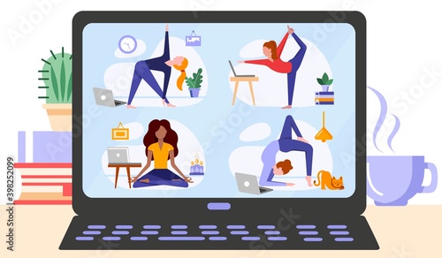 Women practicing yoga, meditation. Watching video lessons online, workout live stream on laptop. People doing yoga exercises, sports during quarantine. Stay at home concept. Vector illustration