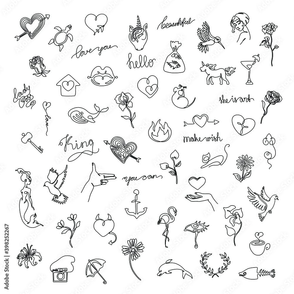 Small tattoo set sticker design pack continuous line drawing abstract  print for clothes and logo design emblem or logo design isolated vector  illustration Stock Vector  Adobe Stock