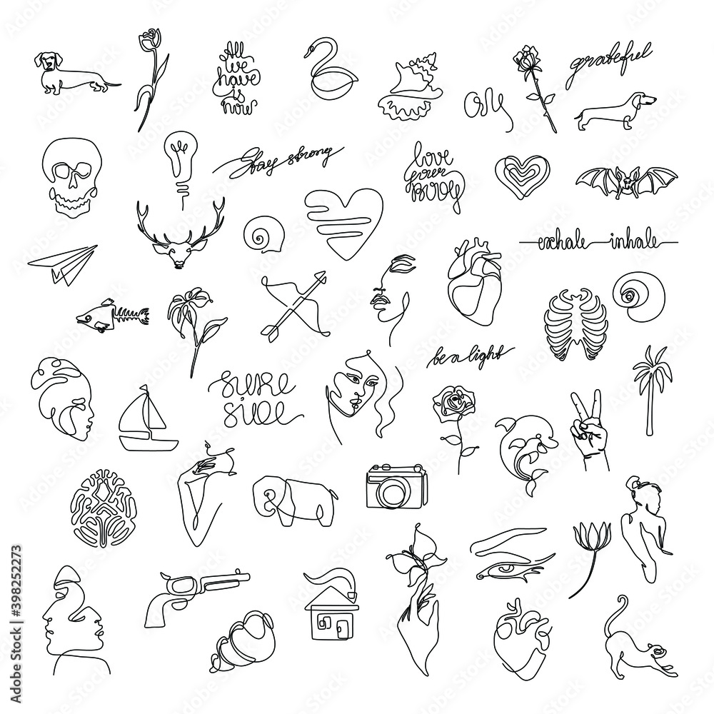 Small tattoo set, sticker design pack, flash tattoo continuous line ...