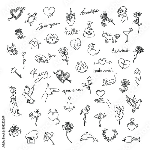 Small tattoo set, sticker design pack, continuous line drawing, abstract print for clothes and logo design, emblem or logo design, isolated vector illustration.