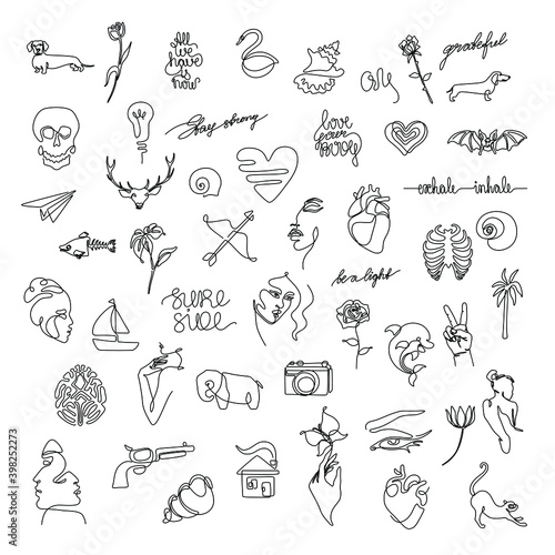 Small tattoo set, sticker design pack, flash tattoo continuous line drawing, abstract print for clothes and logo design, emblem or logo design, isolated vector illustration.