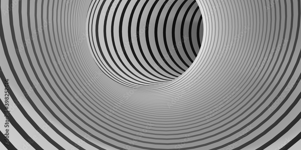 Fototapeta A view of black and white placed in a deep circle a spiral pattern in a pipe A pipe with a deep vertical bottom. Perspective of geometric hypnosis flowing down below 3D illustration
