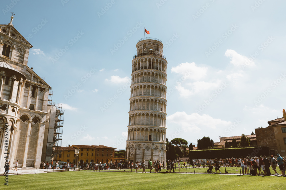 Panoramic view of Leaning Tower of Pisa or Tower of Pisa