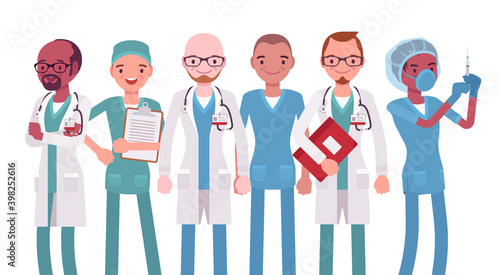 Male medical professional, clinic doctor, hospital nurse, emergency technicians. Group of handsome healthcare workers in sanitary clothing. Vector flat style cartoon illustration, white background