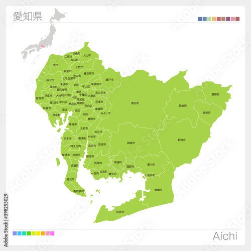 愛知県の地図・Aichi・市町村名（市町村・区分け）