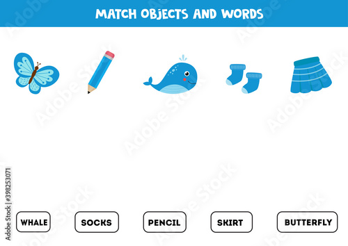 Match blue objects with written words. Practicing reading.