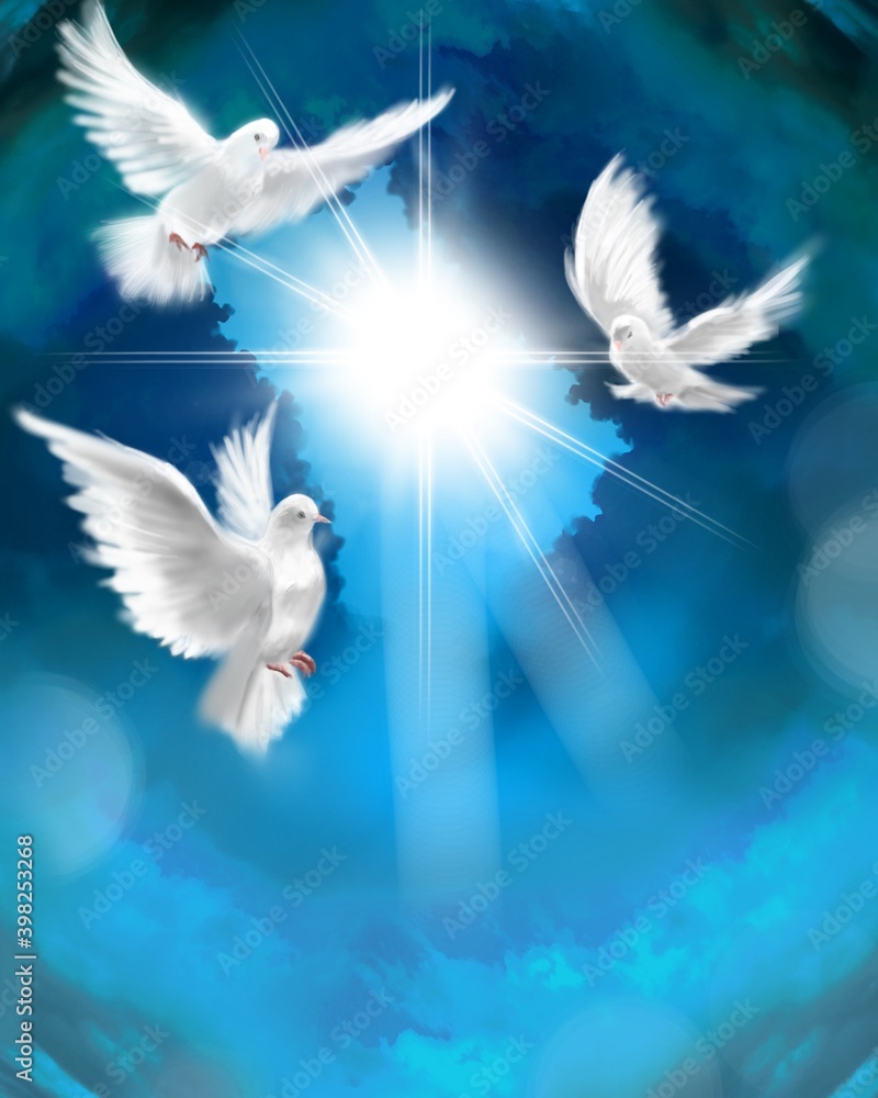 The flying three white doves around clouds leading to shining heaven and the background of the clouds in beautiful blue sky The flying three white doves around clouds leading to shining heaven and the background of the clouds in beautiful blue sky