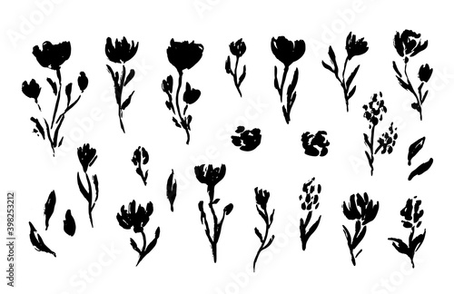 Spring flowers hand drawn vector set. Brush stroke flowers and leaves. Monochrome artistic botanical illustration. Isolated floral elements, hand drawn illustration. 