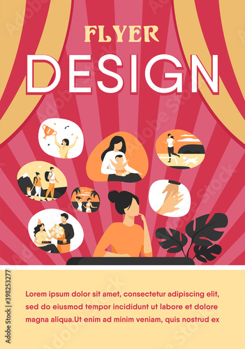 Happy life memories concept. Woman thinking over positive important moments of life experience, child birth, engagement, vacation. Vector illustration for past, personality, achievement topics