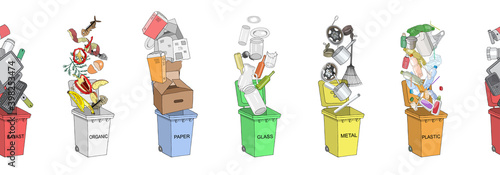 Endless pattern. Trash cans with sorted garbage set. Different types of garbage.