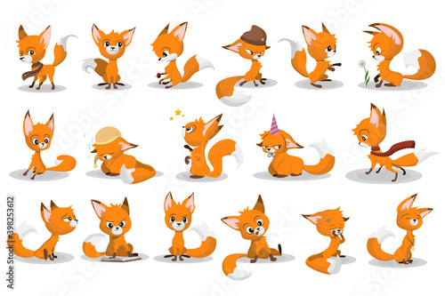 Cute cartoon red fox set. Funny animal character smiling, crying, walking, playing game, sleeping. Vector illustration for different emotions and actions concept