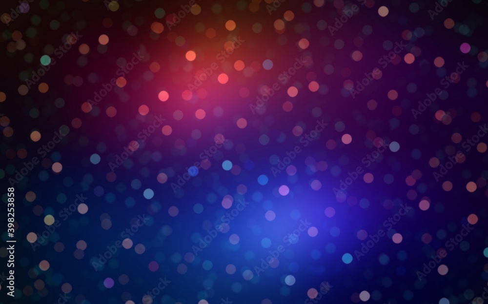 Blurred bokeh pattern on dark blue red background. Magic festive decorative illustration.