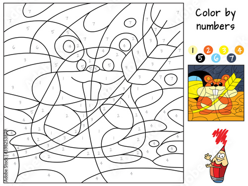 Hamster in a hole. Color by numbers. Coloring book. Educational puzzle game for children. Cartoon vector illustration