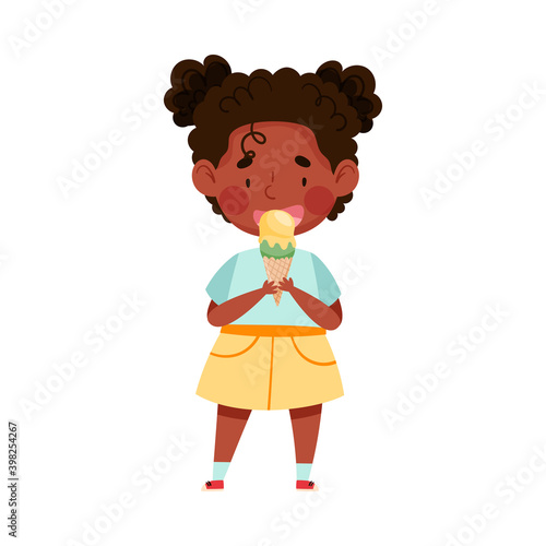 Joyful African American Girl Character Eating Ice Cream in Waffle Cone Vector Illustration