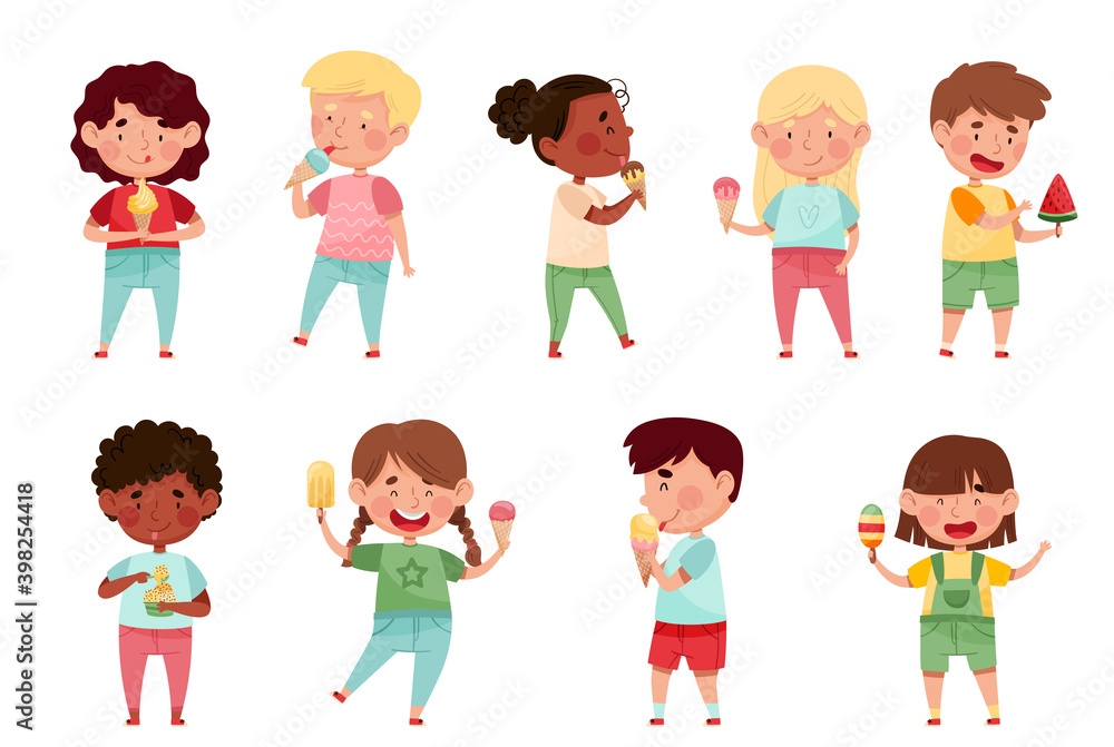 Joyful Boys and Girls Holding and Eating Ice Cream Vector Set Joyful Boys and Girls Holding and Eating Ice Cream Vector Set