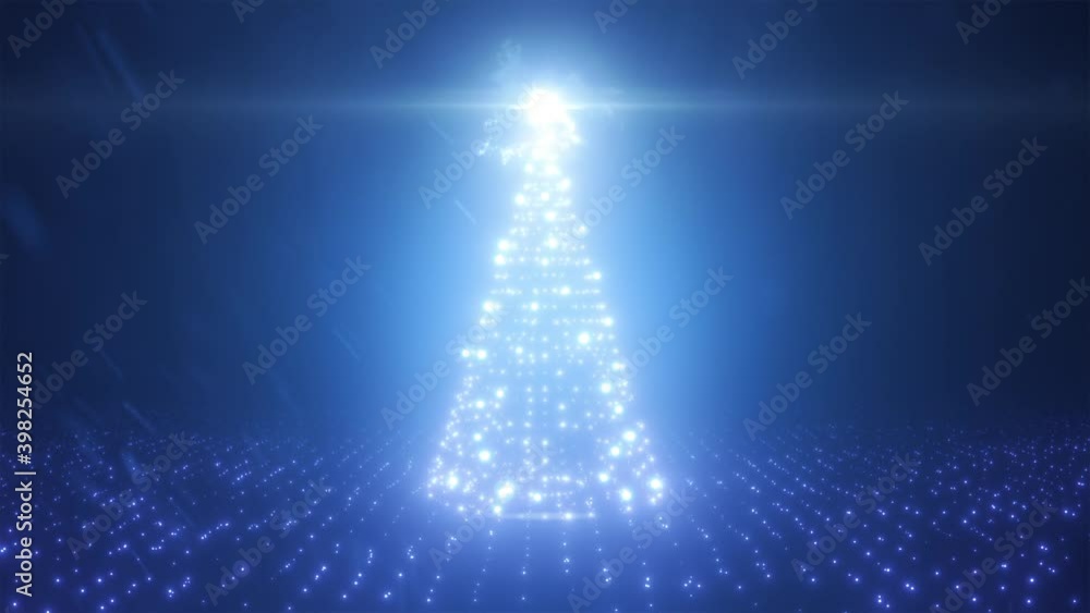 Video greeting card for christmas & new year holidays. Magic white light particles looping around a particles christmas tree on a particle floor.  Elegant animation for christmas card, gif and mailing