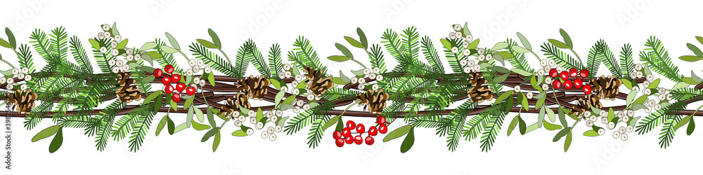 Horizontal endless border with cone, fir branches, Holly, poinsettia ...