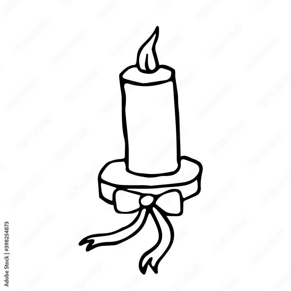 Sketch of a burning candle on a white background. Vector image of a single candle isolated can be used for Christmas decorations, invitations, packages, menus, greeting cards, textiles,