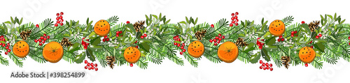 Christmas holiday decorative seamless border of tree branches with clove orange