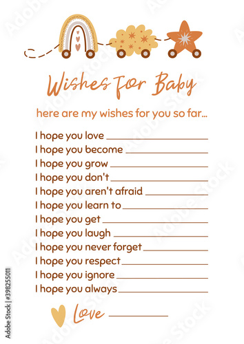 Baby Shower game Wishes for Baby Gender neutral mommy to be activity card, template with boho rainbow train