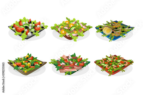 Bowls of salads set. Mix of fresh green vegetables, with cheese, bacon, meat, seafood, eggs. Vector illustration for cooking, healthy lunch, appetizer, gourmet concept