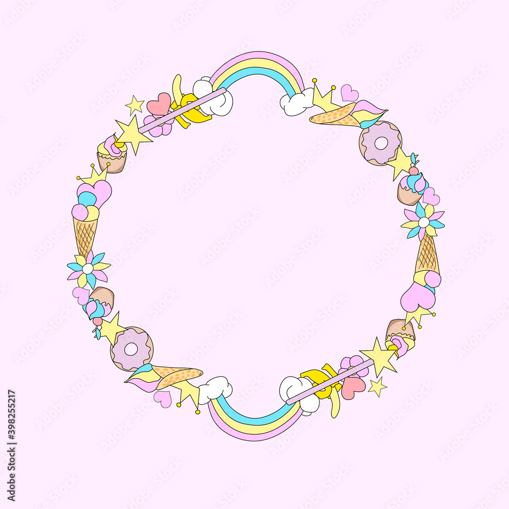 Cute frame in cartoon style. Design for the packaging of childrens toys, advertising, for invitations to a childrens party. Design elements on a pink background. Hand drawing. Vector illustration.