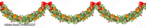 Vector festive garland with holly, cones and clove orange isolated on white background.