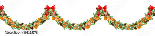 Christmas holiday decorative seamless garland of tree branches with clove orange