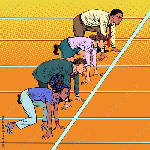 Men and women of different races competing in business