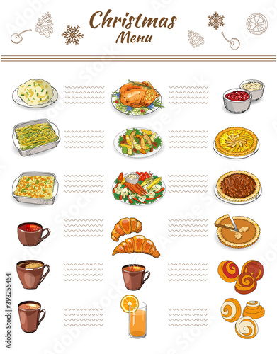 Vector hand drawn illustration of traditional Christmas dishes isolated on white background. Holiday food. Classic New Year eating.