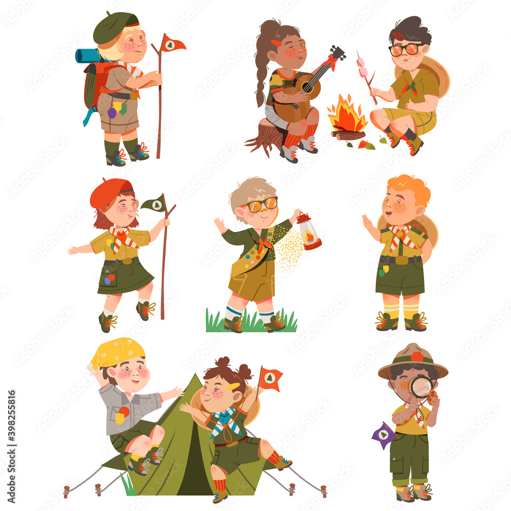 Fototapeta premium Boy and Girl Junior Scouts Wearing Khaki Shirt Sitting at Campfire and Walking with Gas Lamp Vector Set
