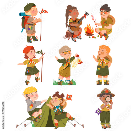 Boy and Girl Junior Scouts Wearing Khaki Shirt Sitting at Campfire and Walking with Gas Lamp Vector Set