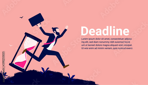 Business deadline - Businessman running in panic with tipping hourglass in background. Stress, punctuality and schedule concept. Vector illustration.