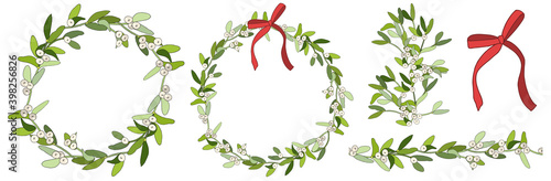 Hand drawn wreath, seamless border and holiday elements with mistletoe.