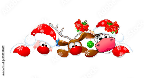 Santa Claus, cow and deer 1. Santa Claus, deer and cow on a white background. Cartoon characters are dressed in a Santa hat and decorated with Christmas decorations