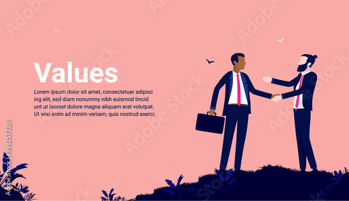 Business values - Presentation slide template with two businessmen shaking hands and copy space for text. Vector illustration