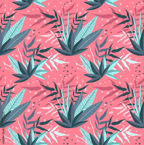 seamless pattern with tropical leaves on a pink background. trend flat illustration. pattern for printing on fabric, wrapping paper, stationery