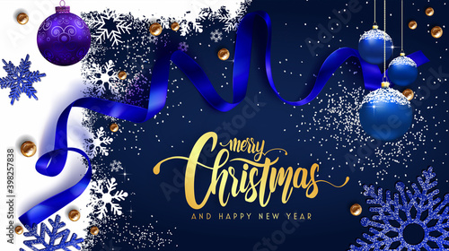 card or banner on Merry Christmas and Happy New Year in gold on a navy blue and white background with snowflakes, Christmas balls a blue ribbon and silver glitter