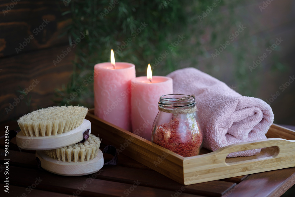 Dry massage brushes and candles. Cosmetic treatment for beauty. Natural aromatherapy. Healthy bath, body care, health care, wellness. Nature for body Dry massage brushes and candles. Cosmetic treatment for beauty. Natural aromatherapy. Healthy bath, body care, health care, wellness. Nature for body