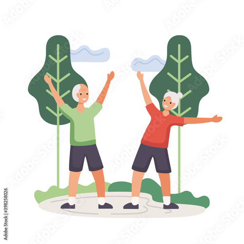 active seniors couple practicing exercise characters