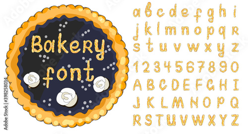 English pastry alphabet abc and sweet blueberry pie. Alphabetical set in bakery style.