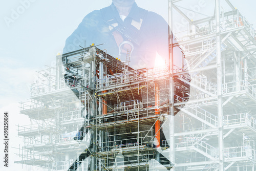 Wallpaper Mural Double exposure photo of Working at height equipment, Fall arrestor device for worker with hooks for safety body harness Torontodigital.ca