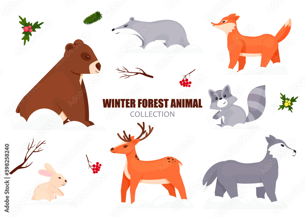 Fototapeta premium Christmas animals 2021. Collection of seven animals placed around the lettering on a white background. Seven forest animals: bear, fox, wolf, deer, hare, raccoon, hedgehog. Vector illustration