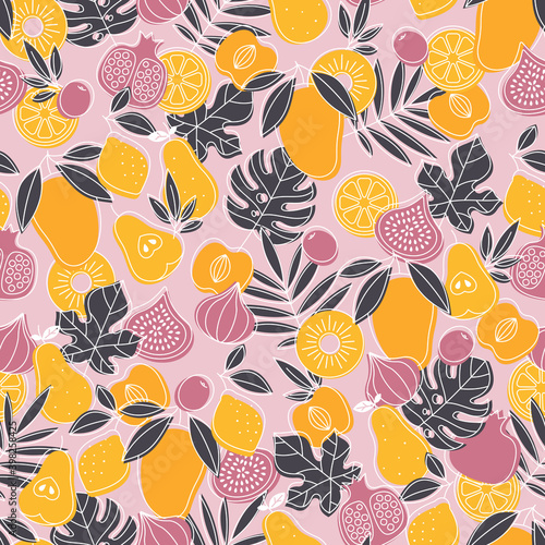 Tasty fruit seamless pattern. Mangom fig, pear, lemon, peach, leaves. Scandinavian style pattern. Vector illustration. 