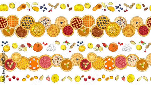 Fototapeta Naklejka Na Ścianę i Meble -  Seamless pattern with pies, fruits, nuts, apples, pumpkins, berries.